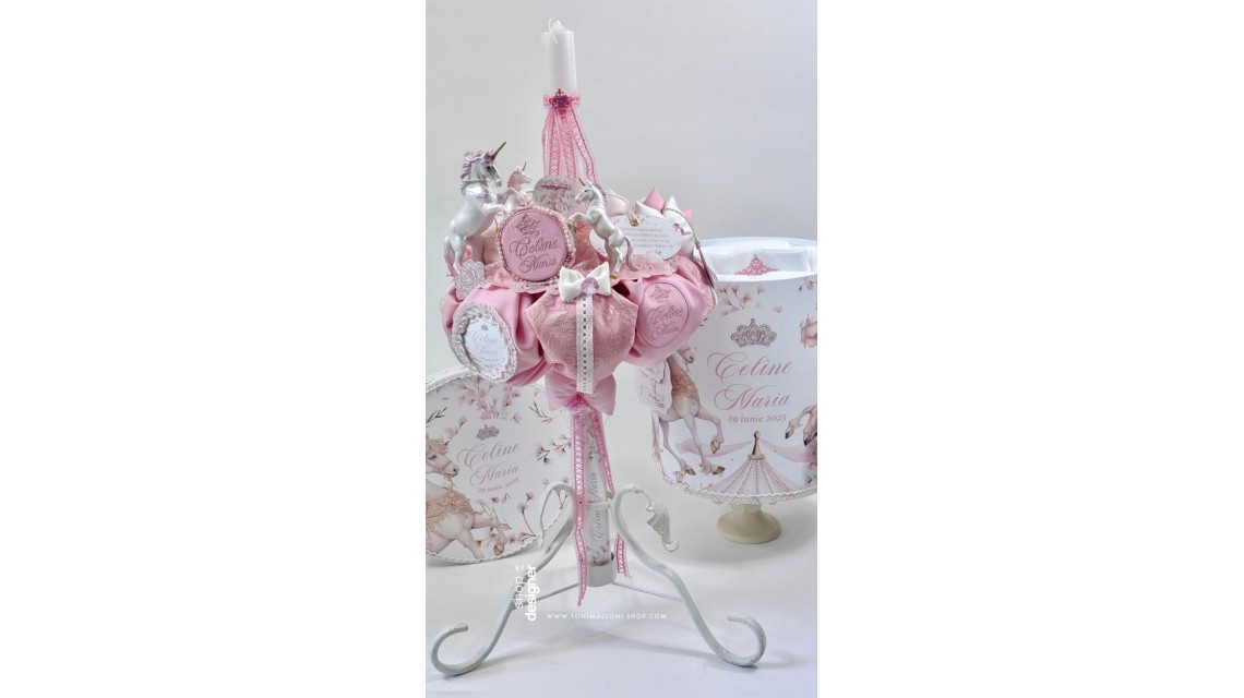 Lumanare cu unicorni roz si broderie personalizata Unicorni si dantela 2